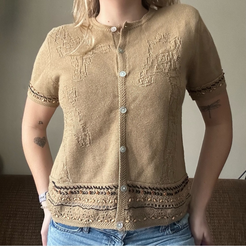 Vintage Alfred Dunner Giraffe Inspired Tan Sweater Beaded Retro Size P Small - Picture 5 of 9